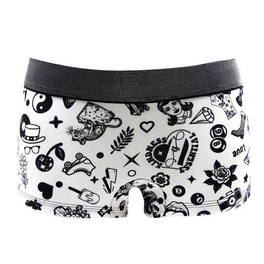 Panty Lucky Chaos von vorne – Retro-Pop-Motive in Schwarz auf Creme, schwarzer Glitzerbund mit Silberglitzer