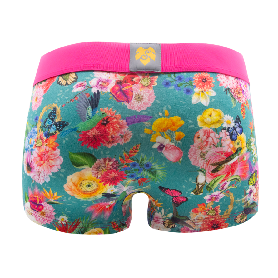 Schockhöschen Panty Blumen Poesie Türkis Rückansicht — Kolibris und Blumenprint auf türkisem Grund, pinker Bund, goldenes Logo
