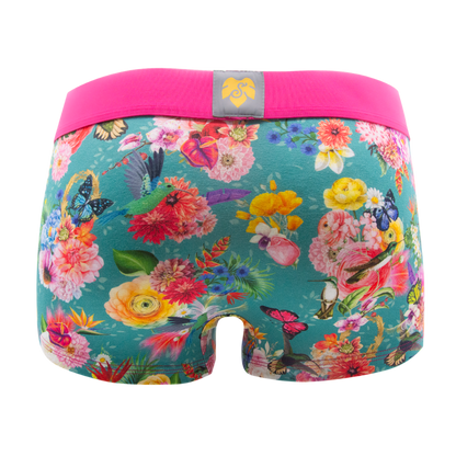 Schockhöschen Panty Blumen Poesie Türkis Rückansicht — Kolibris und Blumenprint auf türkisem Grund, pinker Bund, goldenes Logo