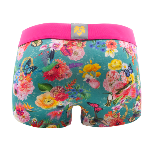 Schockhöschen Panty Blumen Poesie Türkis Rückansicht — Kolibris und Blumenprint auf türkisem Grund, pinker Bund, goldenes Logo