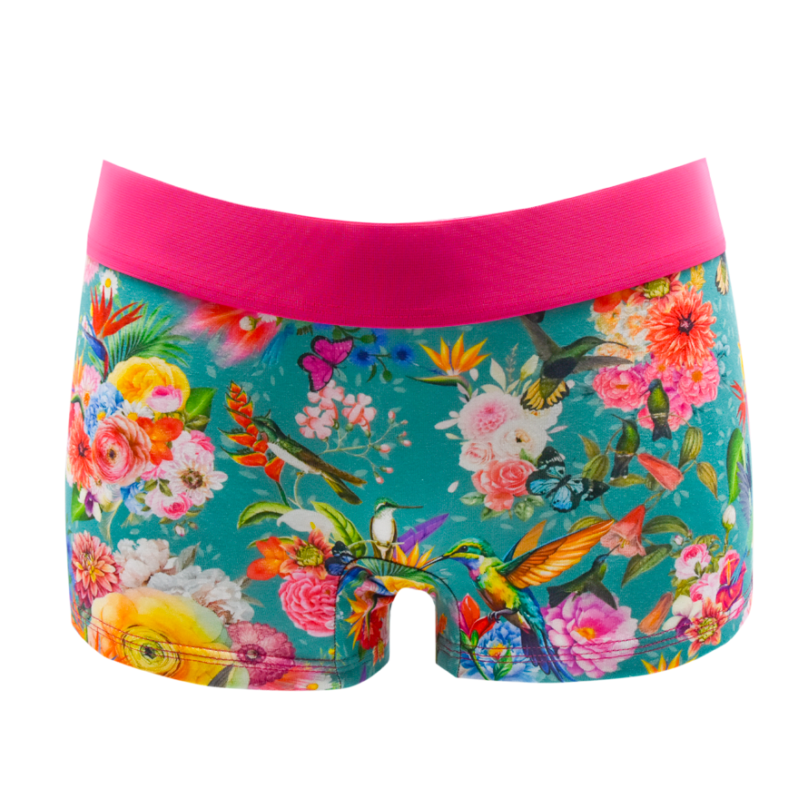 Schockhöschen Panty Poesie Türkis Vorderansicht — botanischer Print mit Schmetterlingen auf Türkis, 95% Baumwolle fair genäht
