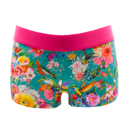 Schockhöschen Panty Poesie Türkis Vorderansicht — botanischer Print mit Schmetterlingen auf Türkis, 95% Baumwolle fair genäht