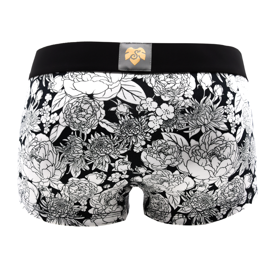Panty Peony Black von hinten – weiße Pfingstrosen auf Schwarz, schwarzer Bund
