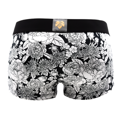 Panty Peony Black von hinten – weiße Pfingstrosen auf Schwarz, schwarzer Bund
