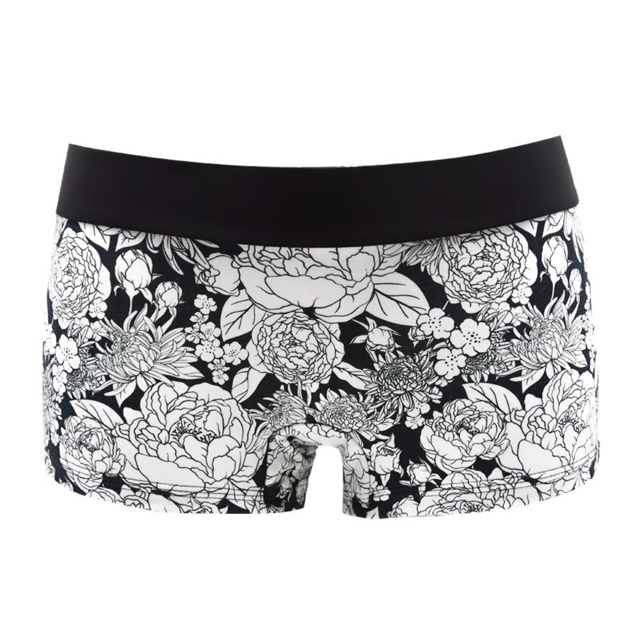 Panty Peony Black von vorne – weiße Pfingstrosen auf Schwarz, schwarzer Bund
