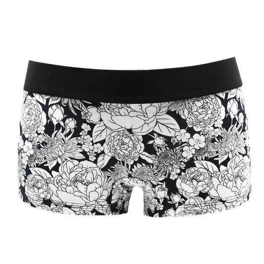 Panty Peony Black von vorne – weiße Pfingstrosen auf Schwarz, schwarzer Bund