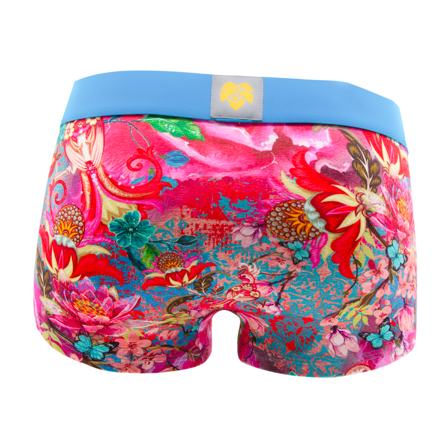 Schockhöschen Panty Rose Rückansicht — opulenter Rosen-Floral-Print auf leuchtendem Pink-Rot mit türkisblauen Akzenten, himmelblaue Bund
