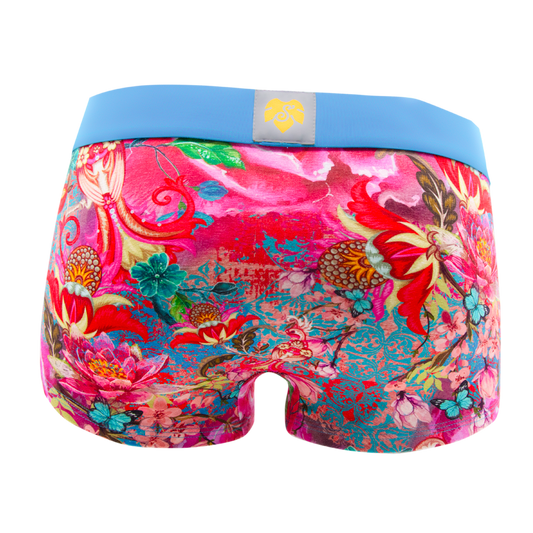 Schockhöschen Panty Rose Rückansicht — opulenter Rosen-Floral-Print auf leuchtendem Pink-Rot mit türkisblauen Akzenten, himmelblaue Bund