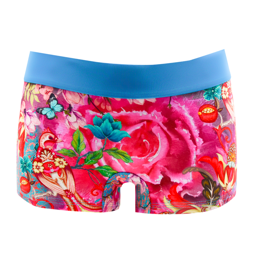 Schockhöschen Panty Rose Vorderansicht — orientalischer Blumenprint auf Pink, 95% Baumwolle fair genäht, Größen XS bis 4XL