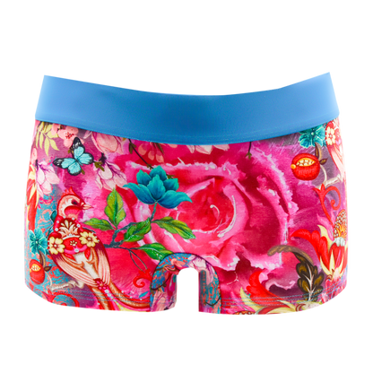 Schockhöschen Panty Rose Vorderansicht — orientalischer Blumenprint auf Pink, 95% Baumwolle fair genäht, Größen XS bis 4XL