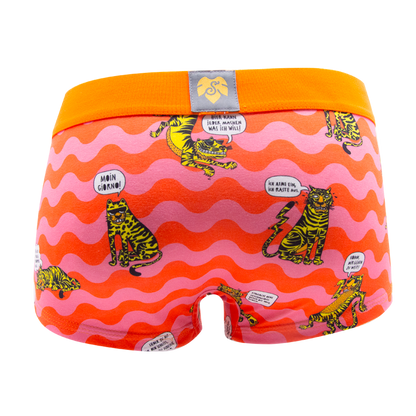 Schockhöschen Panty Tiger mit Weisheiten Rückansicht — illustrierte Tiger mit Sprechblasen auf orangefarbenen Wellen, orangefarbener Bund, exklusives Künstlerdesign
