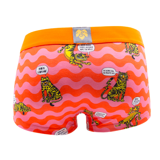 Schockhöschen Panty Tiger mit Weisheiten Rückansicht — illustrierte Tiger mit Sprechblasen auf orangefarbenen Wellen, orangefarbener Bund, exklusives Künstlerdesign