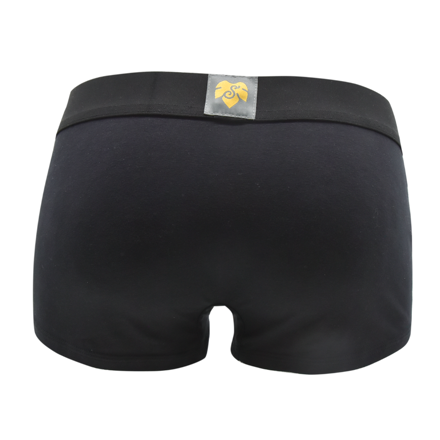 Schockhöschen Panty Undercover Rückansicht — einfarbig schwarz, goldenes Logo am Bund, 95 % Baumwolle fair in Deutschland genäht, Größen XS bis 4XL