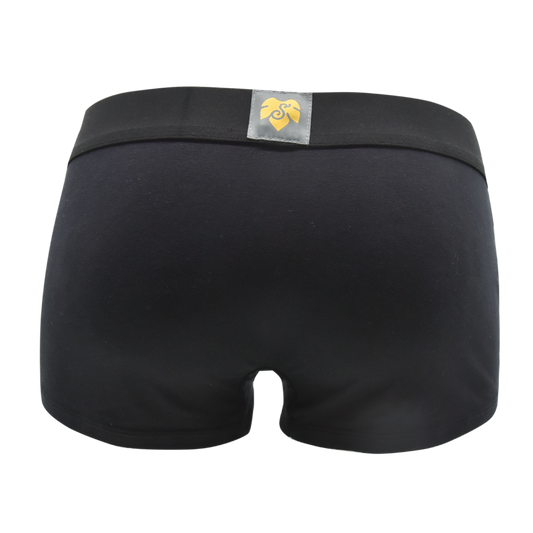 Schockhöschen Panty Undercover Rückansicht — einfarbig schwarz, goldenes Logo am Bund, 95 % Baumwolle fair in Deutschland genäht, Größen XS bis 4XL