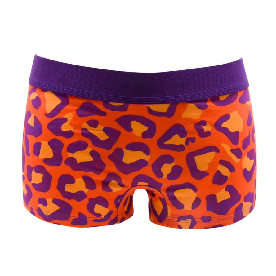 Schockhöschen Panty Leo Orange Vorderansicht — Orange-Violett-Leopardenmuster, 95% Baumwolle fair in Deutschland genäht, Größen XS bis 4XL