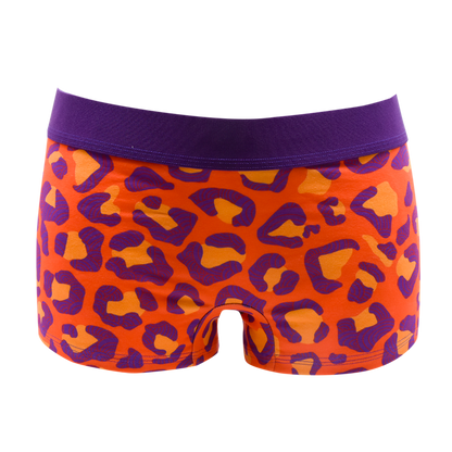 Schockhöschen Panty Leo Orange Vorderansicht — Orange-Violett-Leopardenmuster, 95% Baumwolle fair in Deutschland genäht, Größen XS bis 4XL