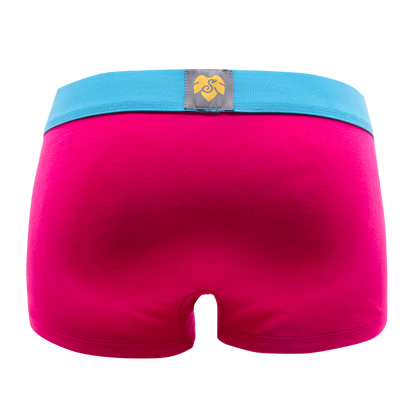 Schockhöschen Panty Pink Rückansicht — einfarbig Hot-Pink, türkisblaue Bund, goldenes Logo, 95 % Baumwolle fair in Deutschland genäht